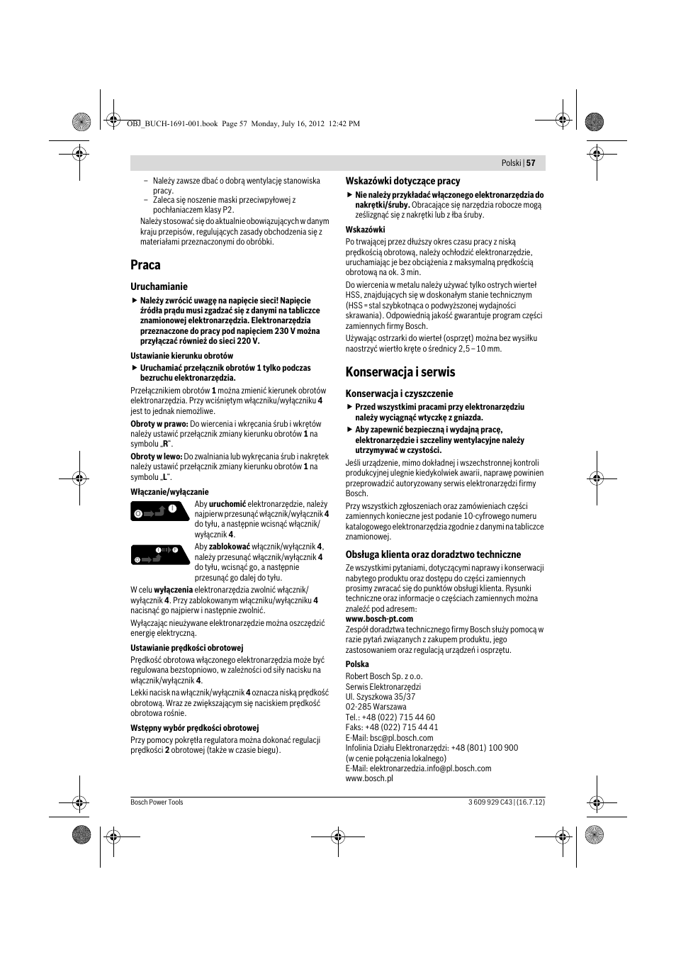 Praca, Konserwacja i serwis | Bosch GWB 10 RE Professional User Manual | Page 57 / 116