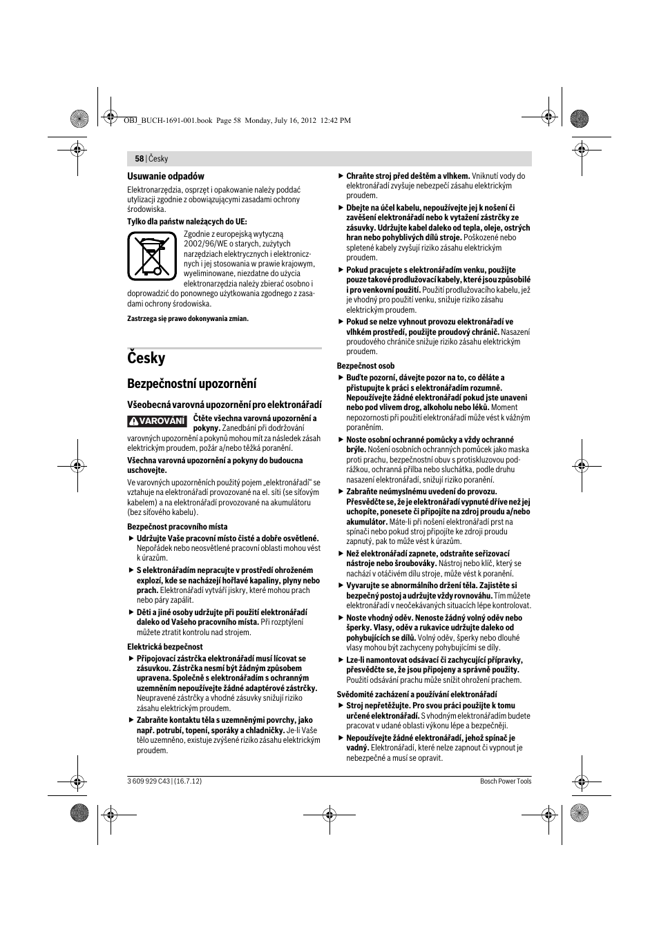 Česky, Bezpečnostní upozornění | Bosch GWB 10 RE Professional User Manual | Page 58 / 116