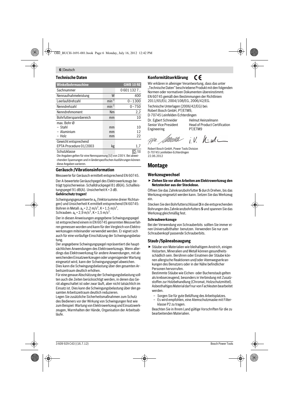 Montage | Bosch GWB 10 RE Professional User Manual | Page 6 / 116