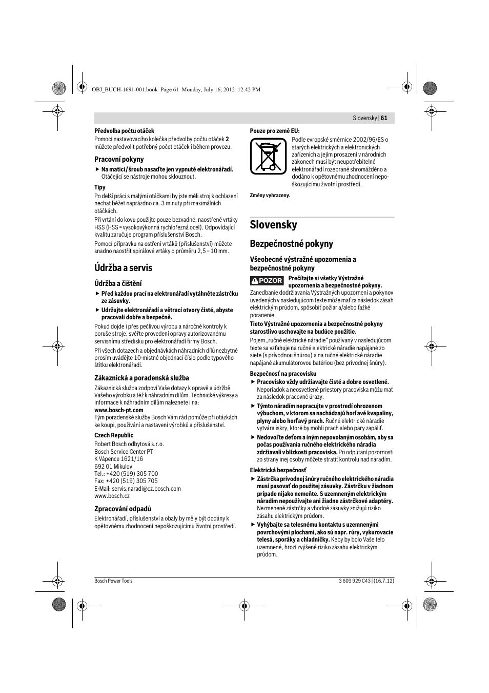 Slovensky, Údržba a servis, Bezpečnostné pokyny | Bosch GWB 10 RE Professional User Manual | Page 61 / 116