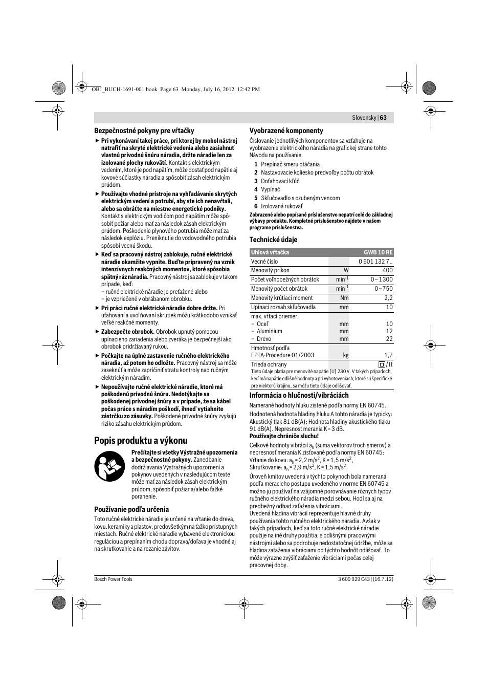 Popis produktu a výkonu | Bosch GWB 10 RE Professional User Manual | Page 63 / 116