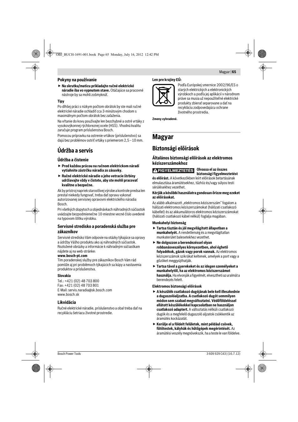 Magyar, Údržba a servis, Biztonsági előírások | Bosch GWB 10 RE Professional User Manual | Page 65 / 116