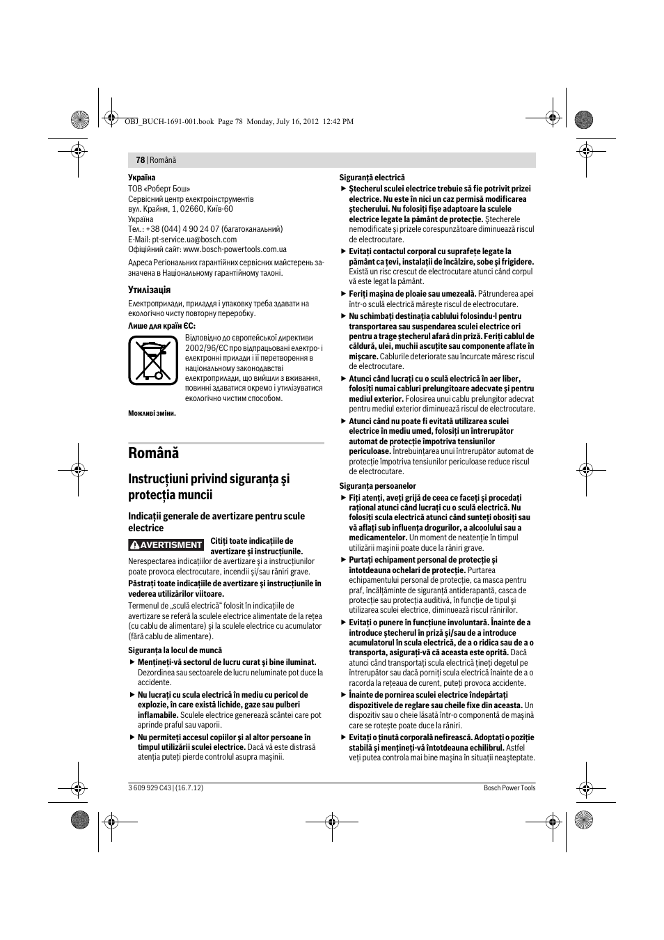 Română, Instrucţiuni privind siguranţa şi protecţia muncii | Bosch GWB 10 RE Professional User Manual | Page 78 / 116