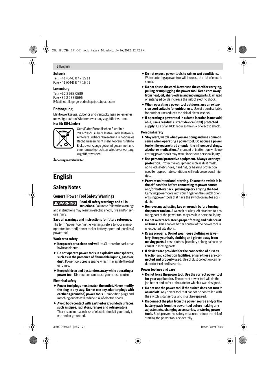 English | Bosch GWB 10 RE Professional User Manual | Page 8 / 116