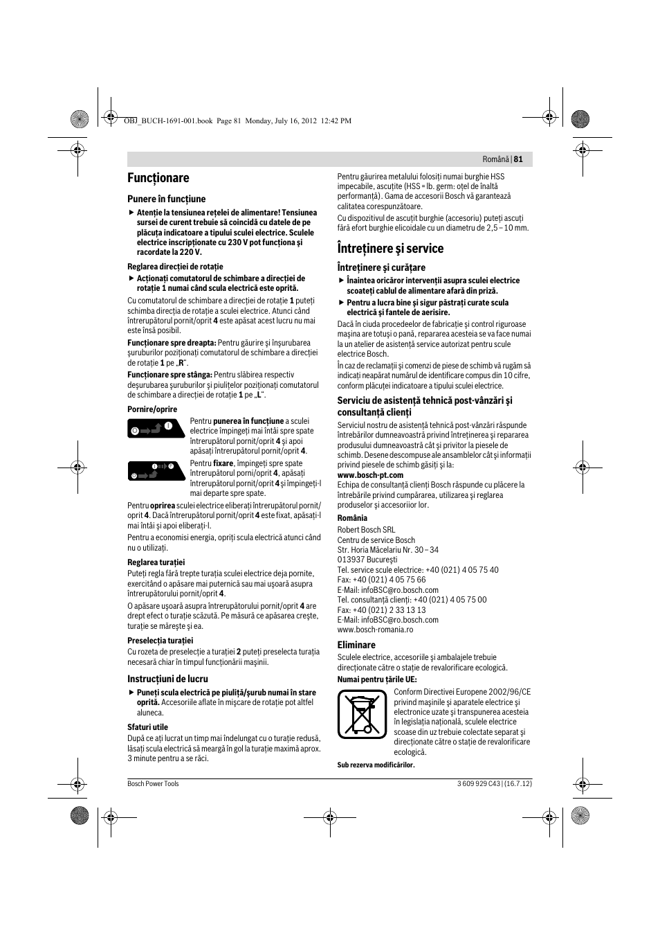 Funcţionare, Întreţinere şi service | Bosch GWB 10 RE Professional User Manual | Page 81 / 116