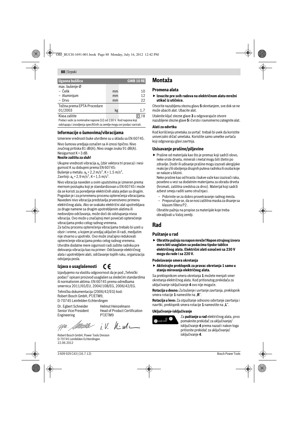 Montaža | Bosch GWB 10 RE Professional User Manual | Page 88 / 116