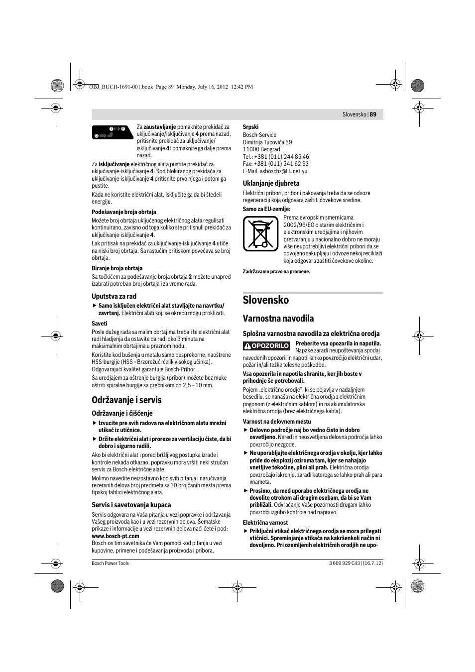 Slovensko, Održavanje i servis, Varnostna navodila | Bosch GWB 10 RE Professional User Manual | Page 89 / 116