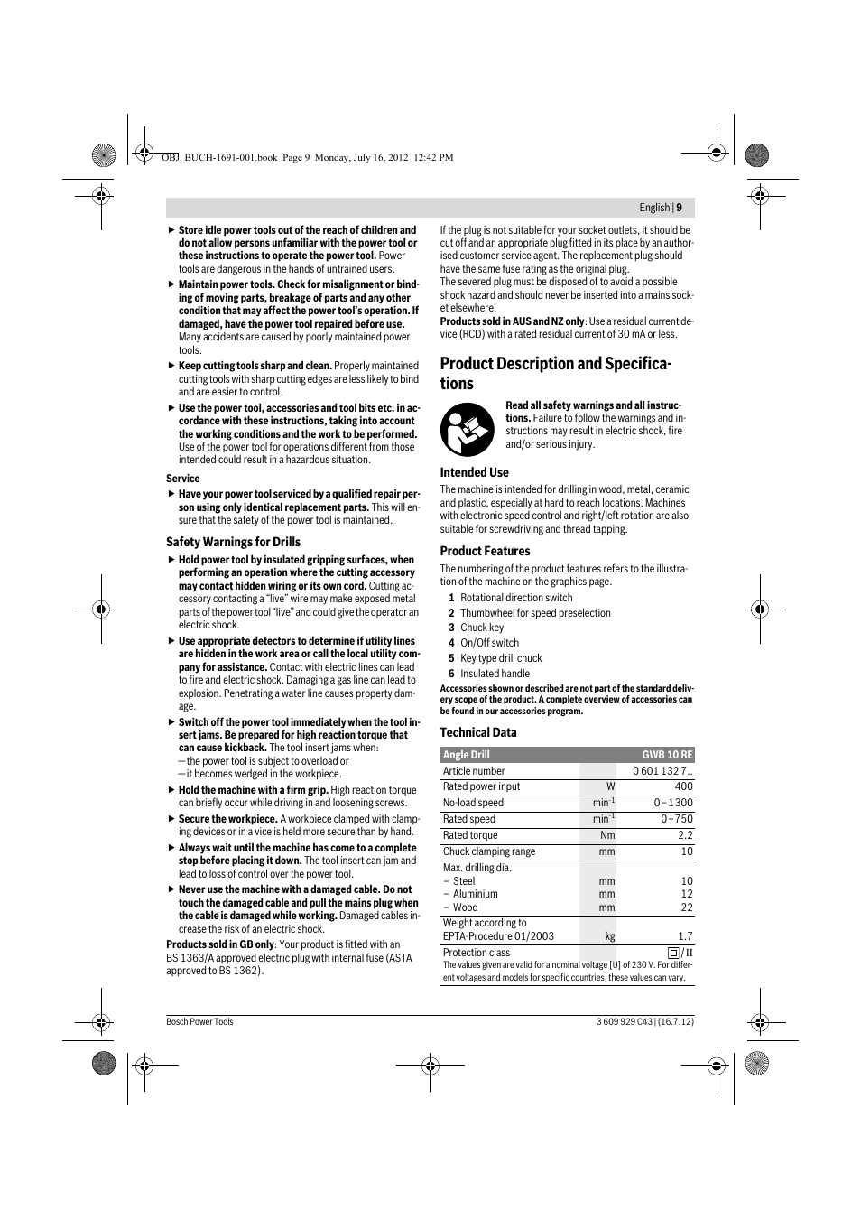 Product description and specifica- tions | Bosch GWB 10 RE Professional User Manual | Page 9 / 116