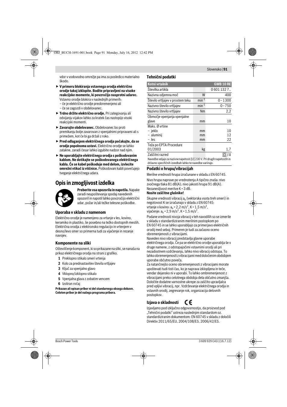 Opis in zmogljivost izdelka | Bosch GWB 10 RE Professional User Manual | Page 91 / 116