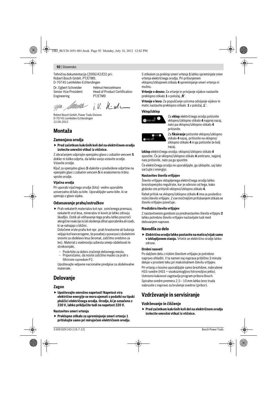 Montaža, Delovanje, Vzdrževanje in servisiranje | Bosch GWB 10 RE Professional User Manual | Page 92 / 116