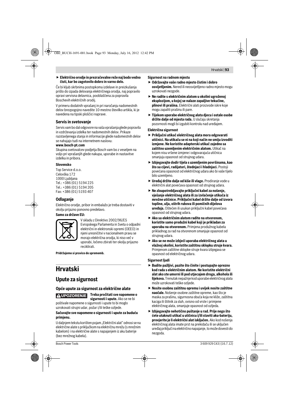 Hrvatski, Upute za sigurnost | Bosch GWB 10 RE Professional User Manual | Page 93 / 116