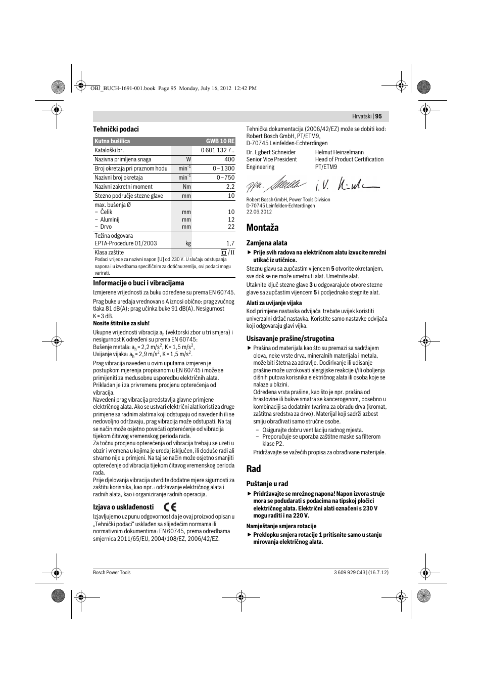 Montaža | Bosch GWB 10 RE Professional User Manual | Page 95 / 116