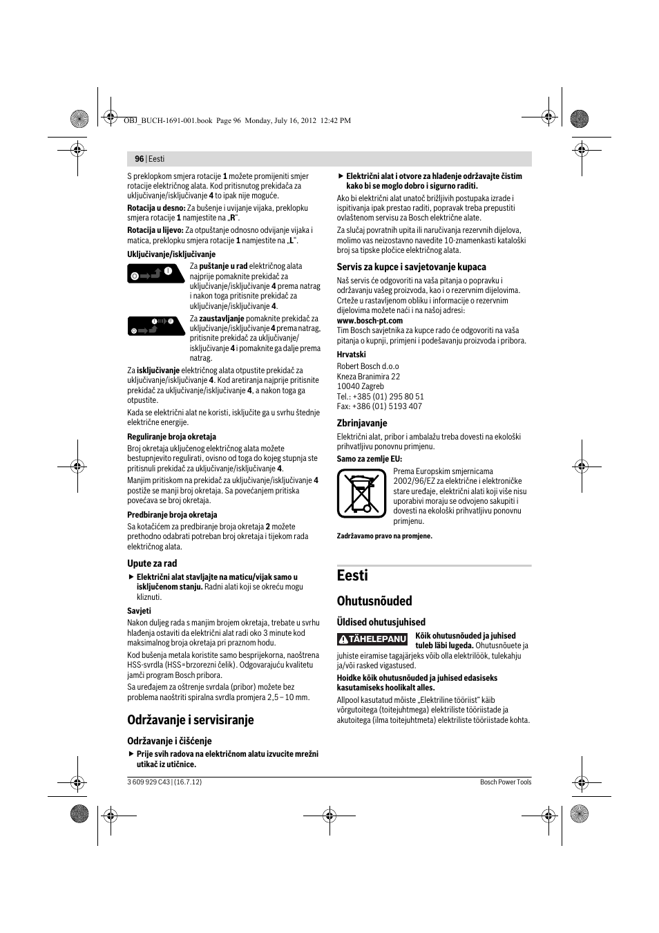 Eesti, Održavanje i servisiranje, Ohutusnõuded | Bosch GWB 10 RE Professional User Manual | Page 96 / 116