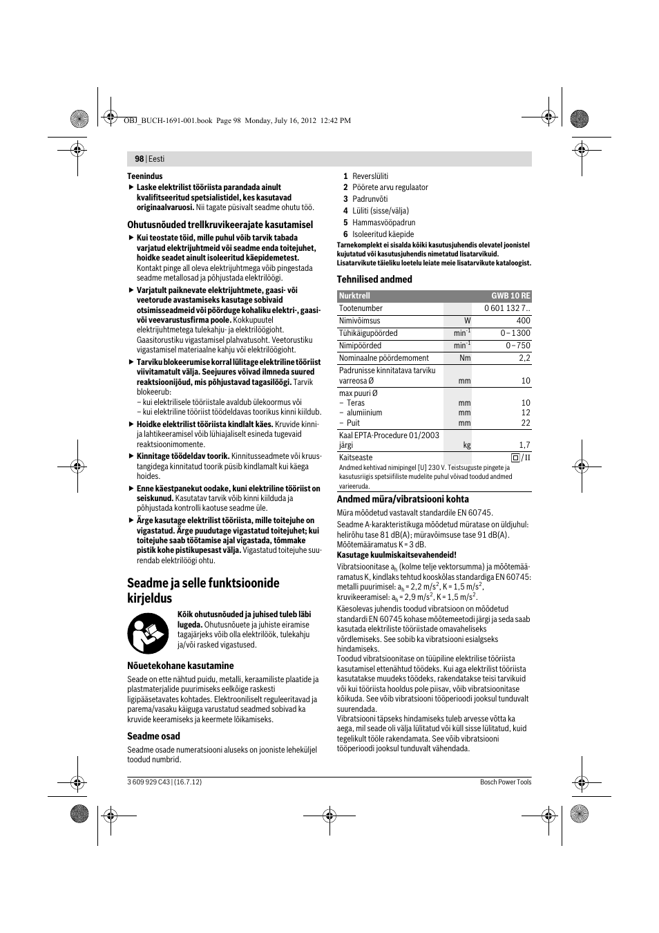 Seadme ja selle funktsioonide kirjeldus | Bosch GWB 10 RE Professional User Manual | Page 98 / 116