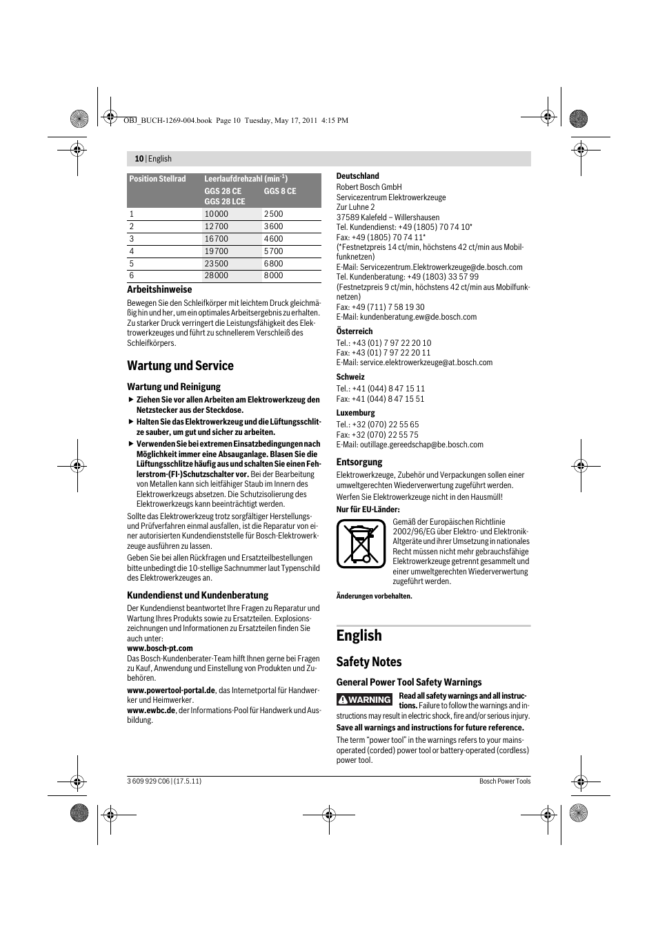 English, Wartung und service | Bosch GGS 8 CE Professional User Manual | Page 10 / 196