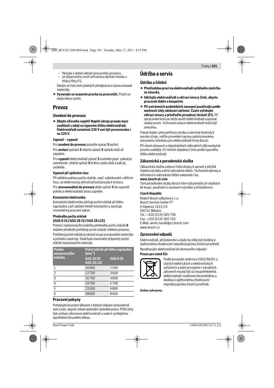 Provoz, Údržba a servis | Bosch GGS 8 CE Professional User Manual | Page 101 / 196