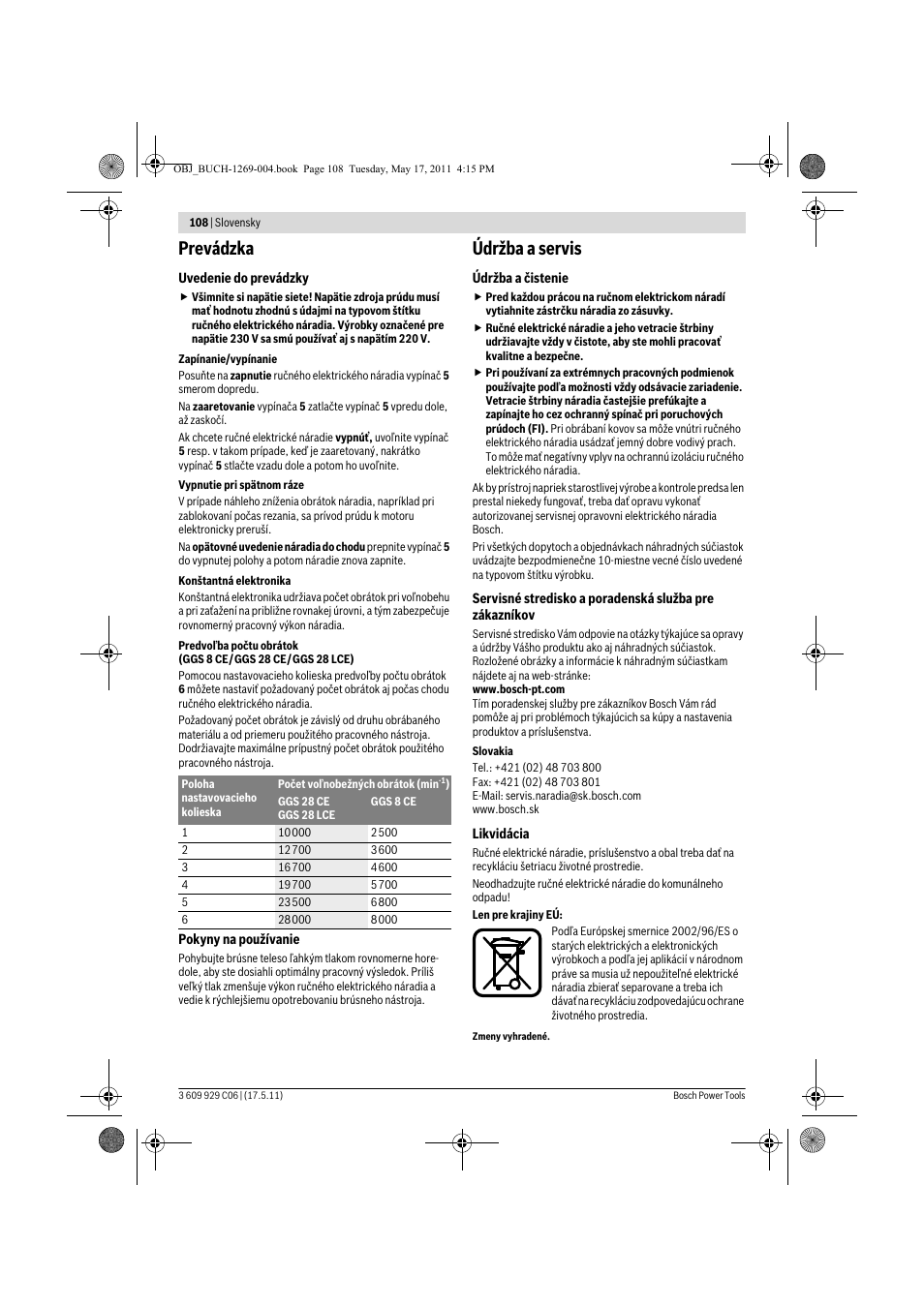 Prevádzka, Údržba a servis | Bosch GGS 8 CE Professional User Manual | Page 108 / 196