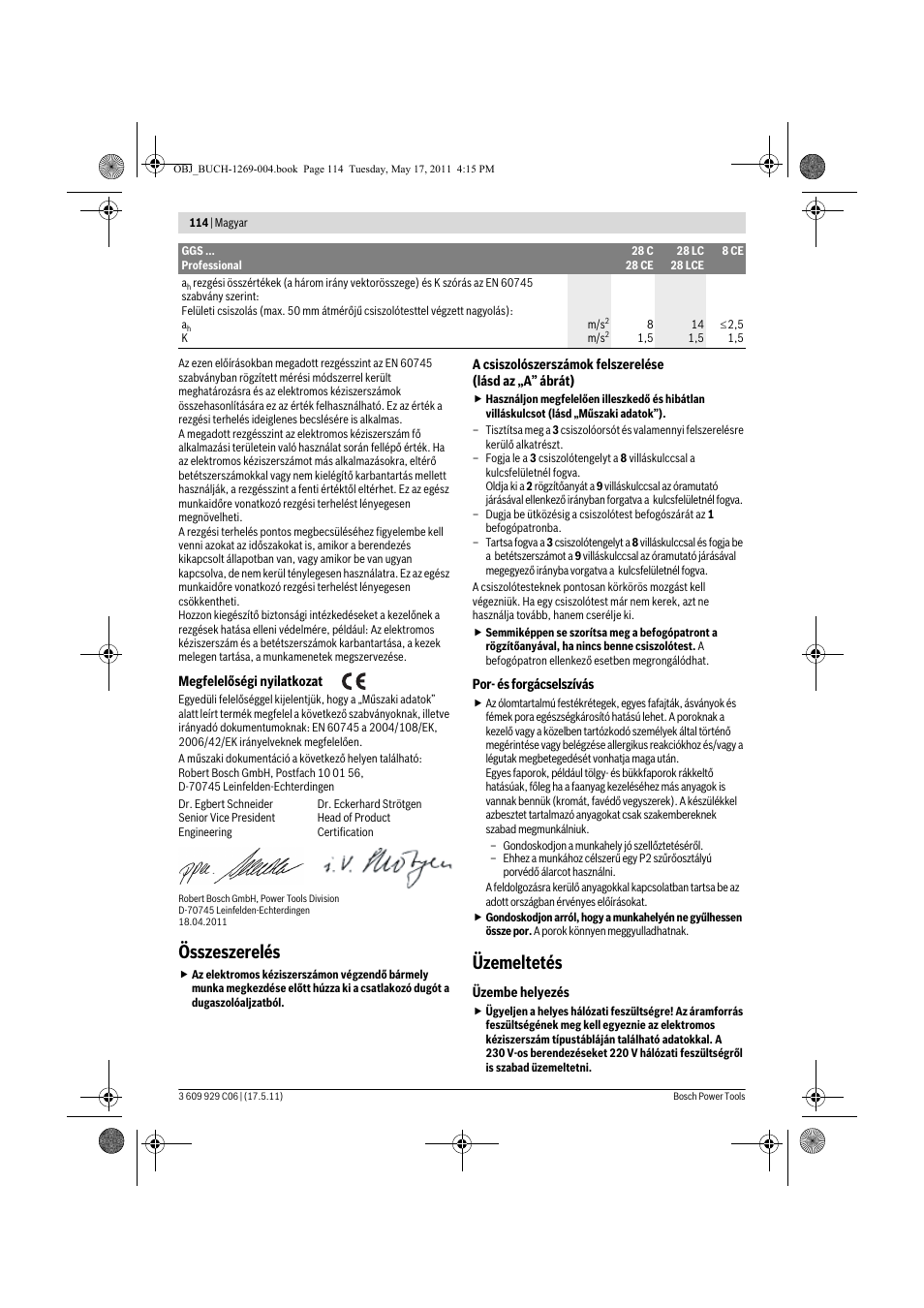 Összeszerelés, Üzemeltetés | Bosch GGS 8 CE Professional User Manual | Page 114 / 196