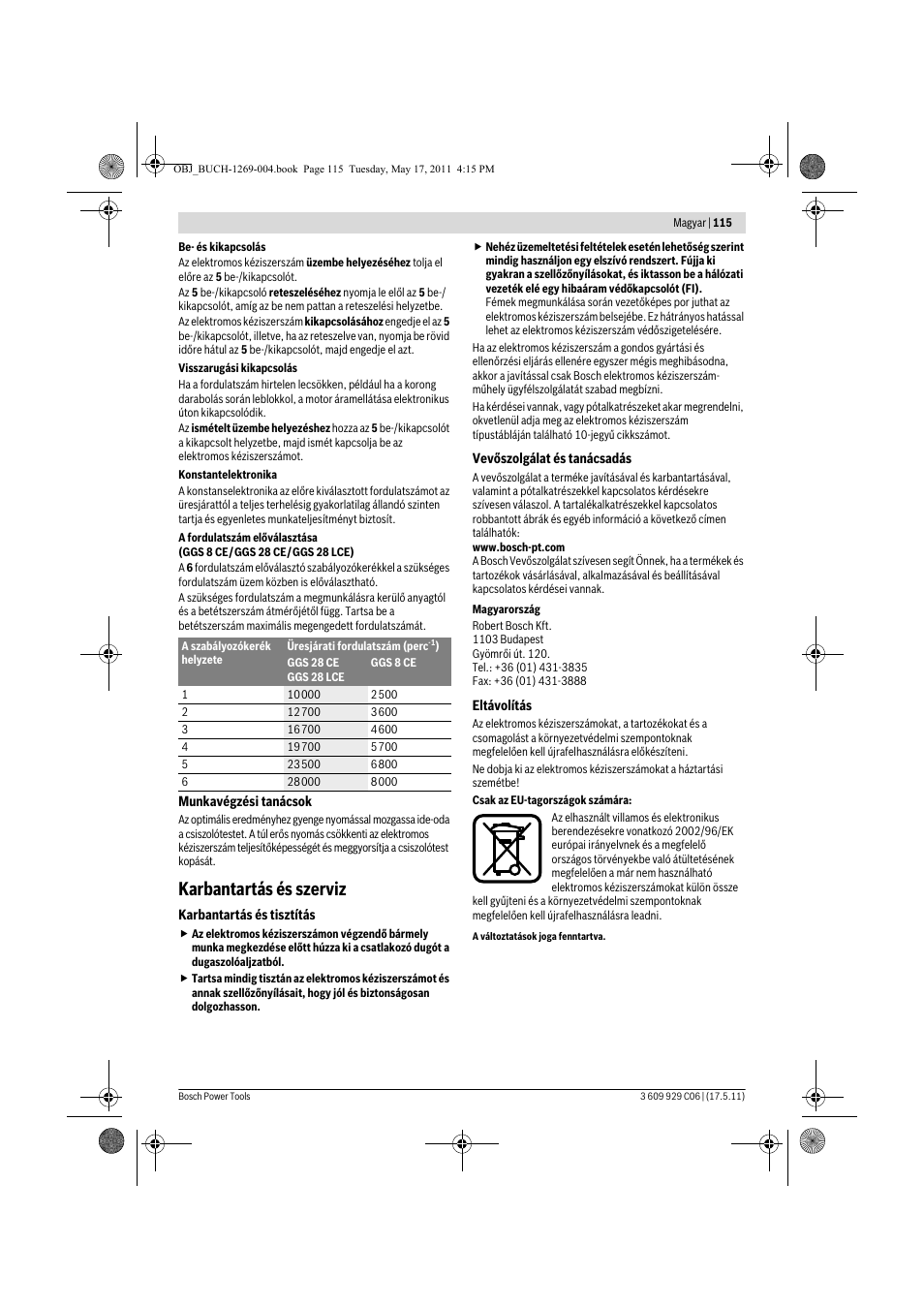 Karbantartás és szerviz | Bosch GGS 8 CE Professional User Manual | Page 115 / 196