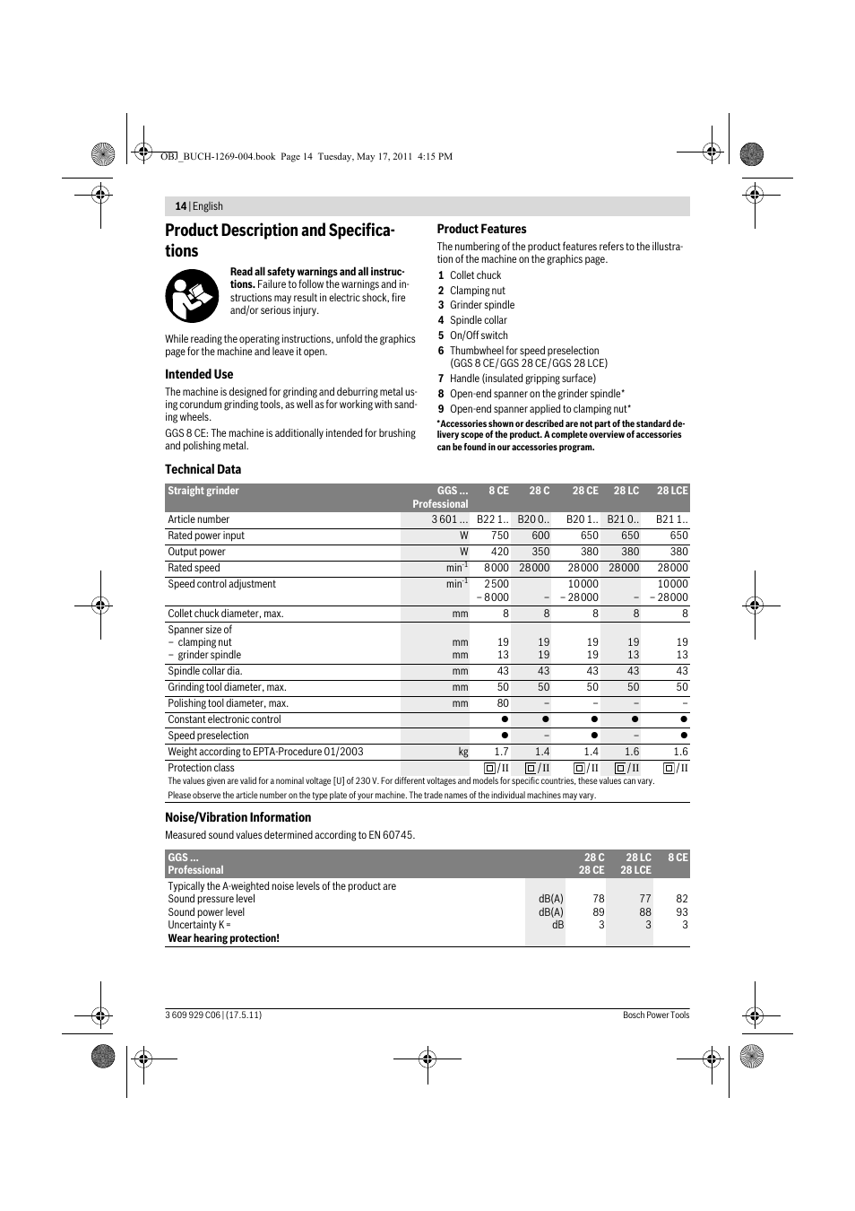 Product description and specifica- tions | Bosch GGS 8 CE Professional User Manual | Page 14 / 196