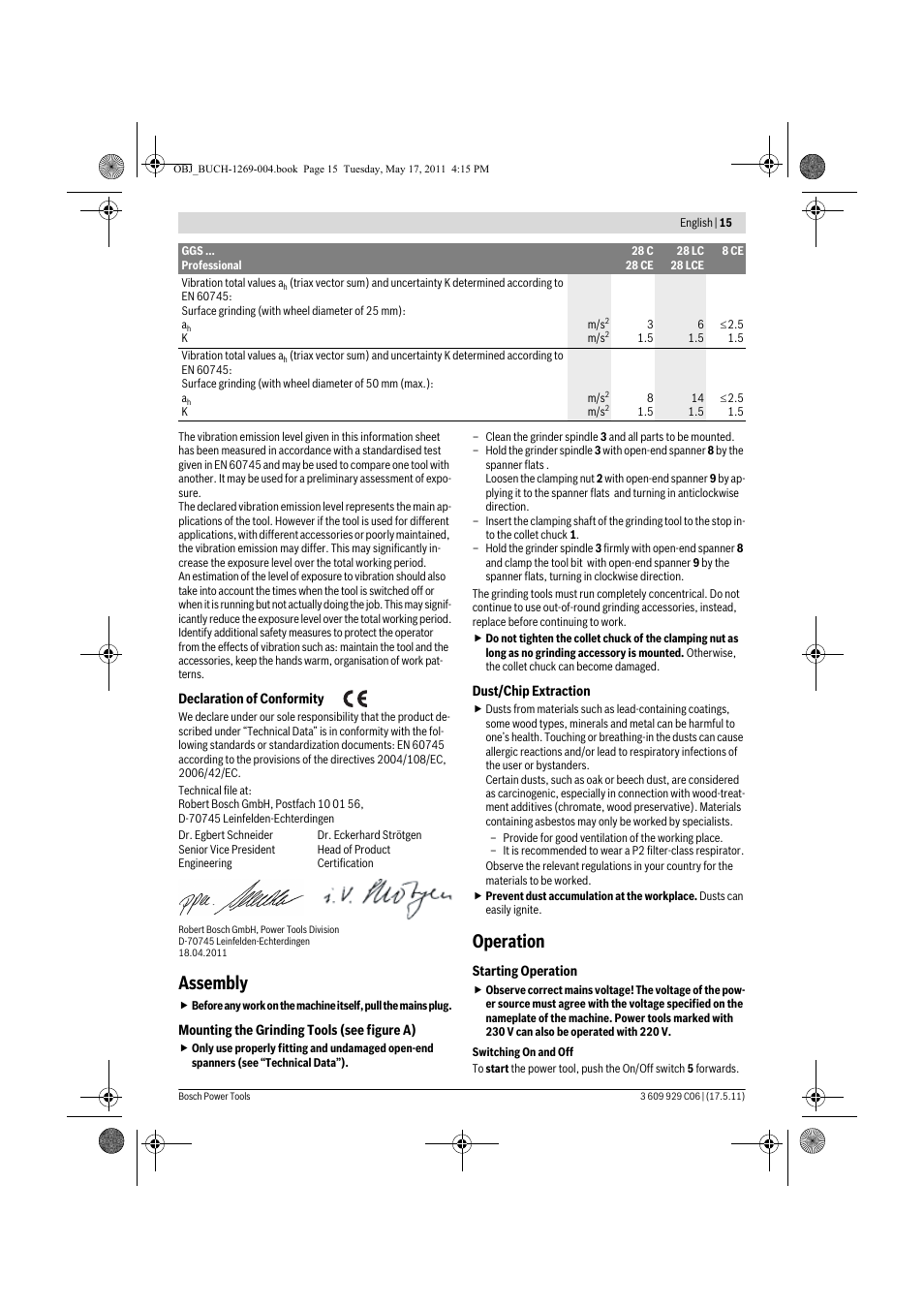 Assembly, Operation | Bosch GGS 8 CE Professional User Manual | Page 15 / 196