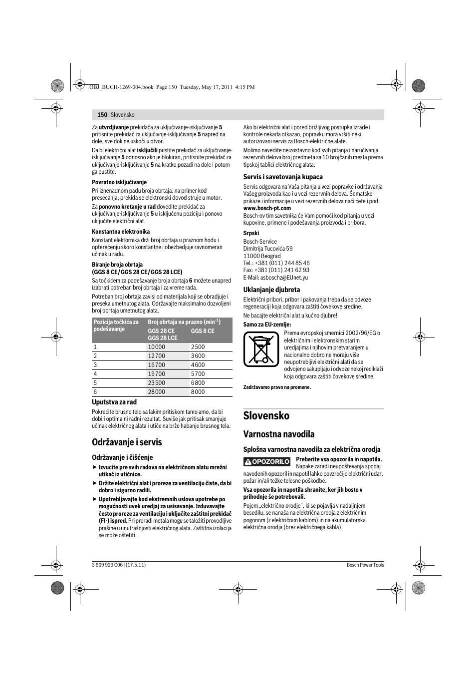 Slovensko, Održavanje i servis, Varnostna navodila | Bosch GGS 8 CE Professional User Manual | Page 150 / 196