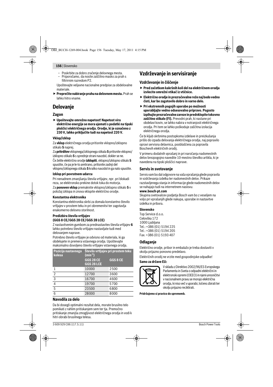 Delovanje, Vzdrževanje in servisiranje | Bosch GGS 8 CE Professional User Manual | Page 156 / 196