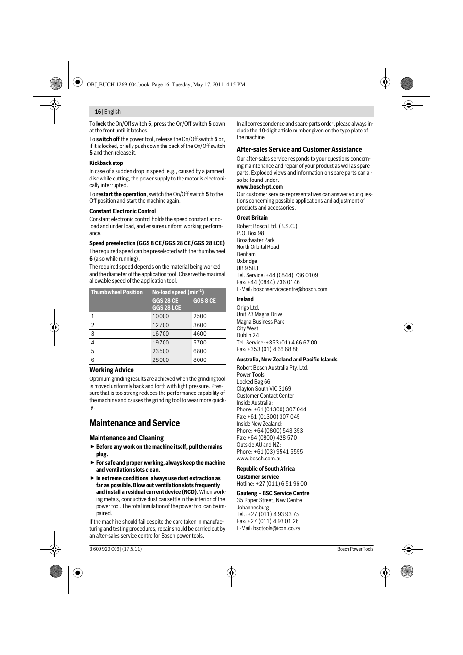 Maintenance and service | Bosch GGS 8 CE Professional User Manual | Page 16 / 196