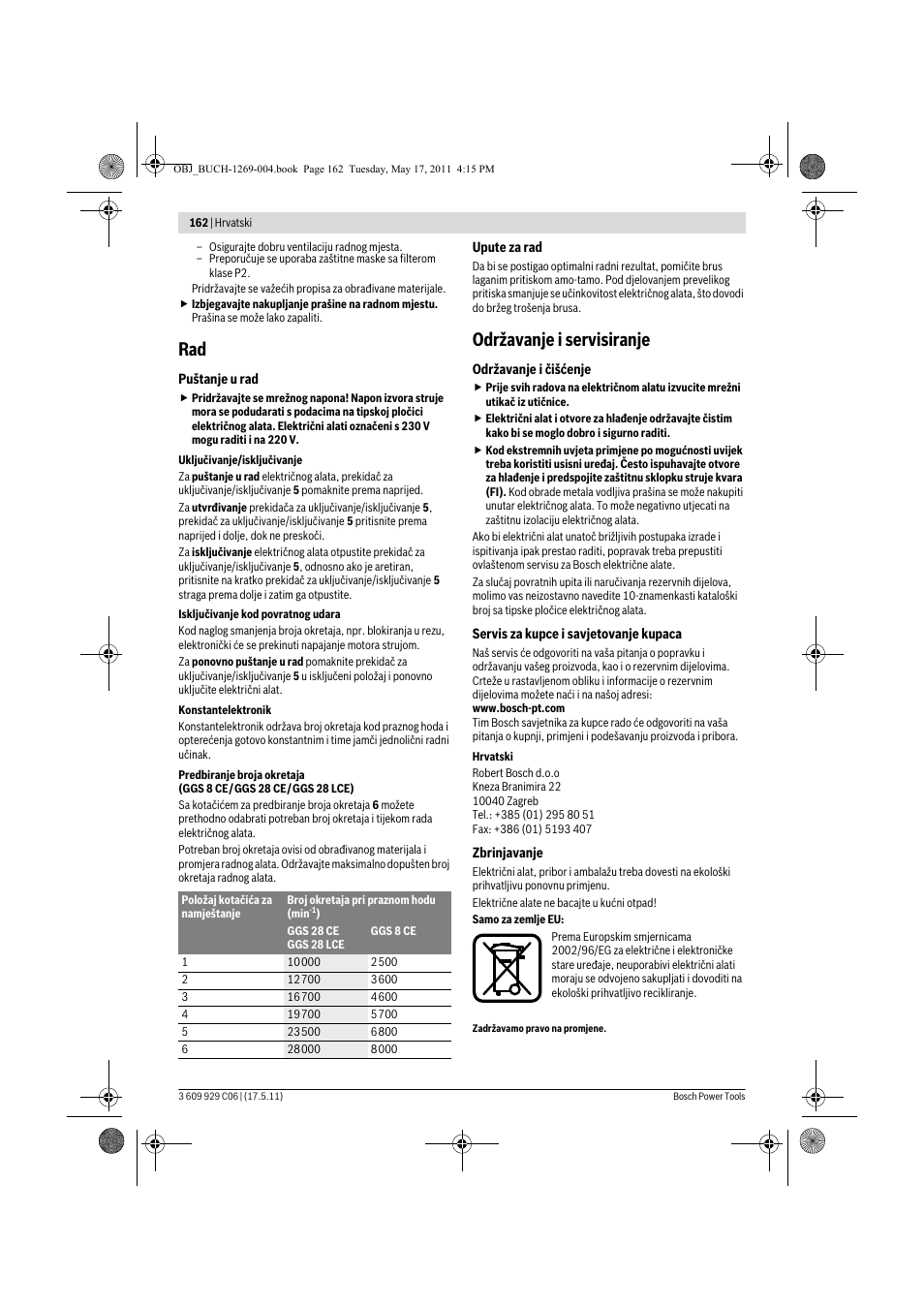 Održavanje i servisiranje | Bosch GGS 8 CE Professional User Manual | Page 162 / 196