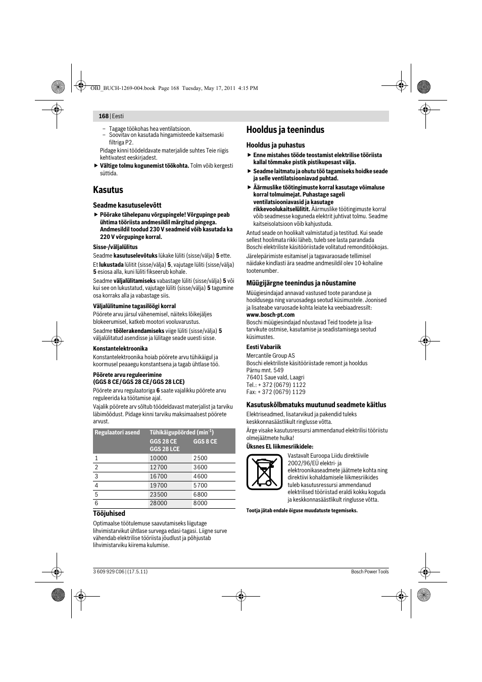 Kasutus, Hooldus ja teenindus | Bosch GGS 8 CE Professional User Manual | Page 168 / 196