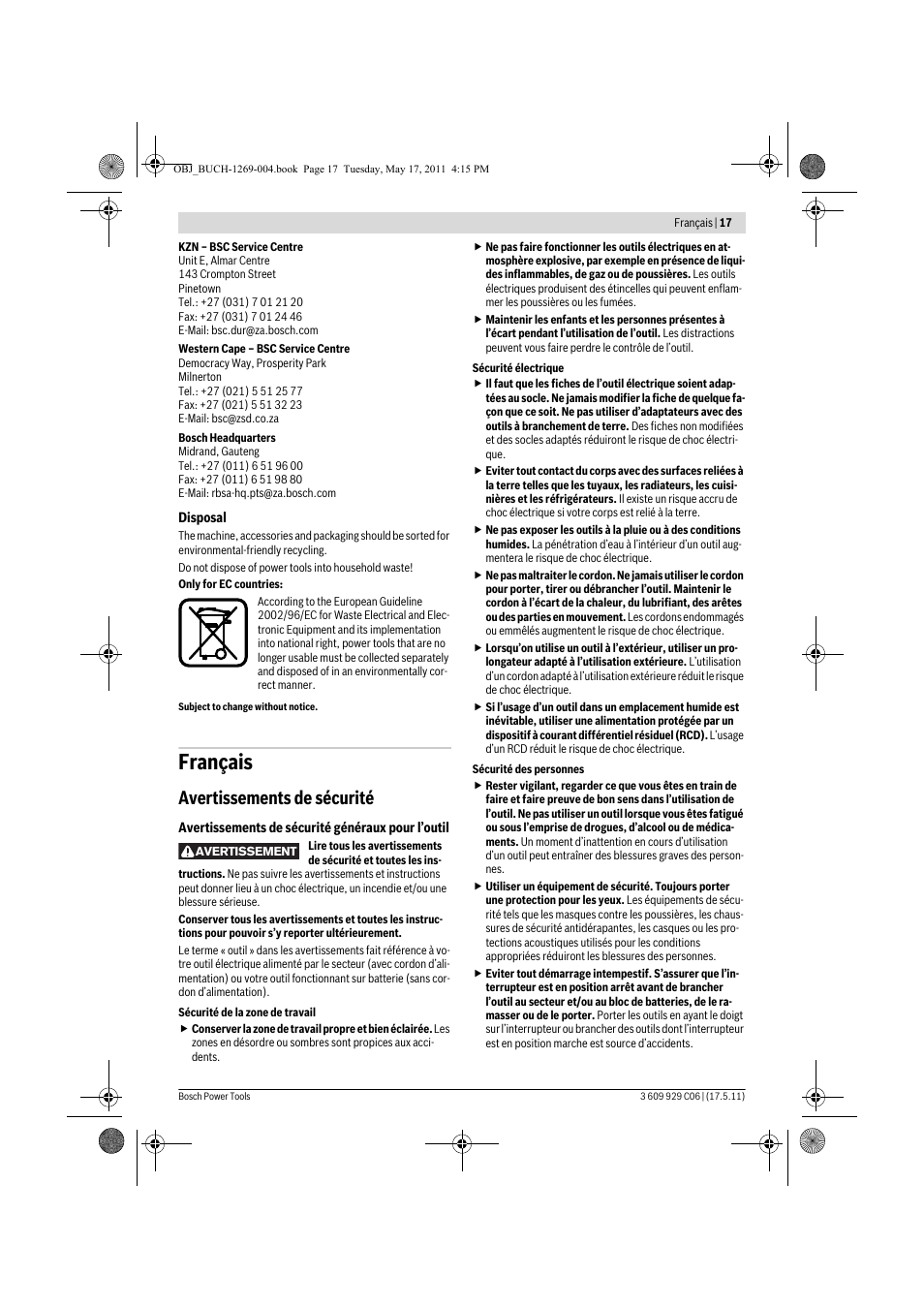 Français, Avertissements de sécurité | Bosch GGS 8 CE Professional User Manual | Page 17 / 196