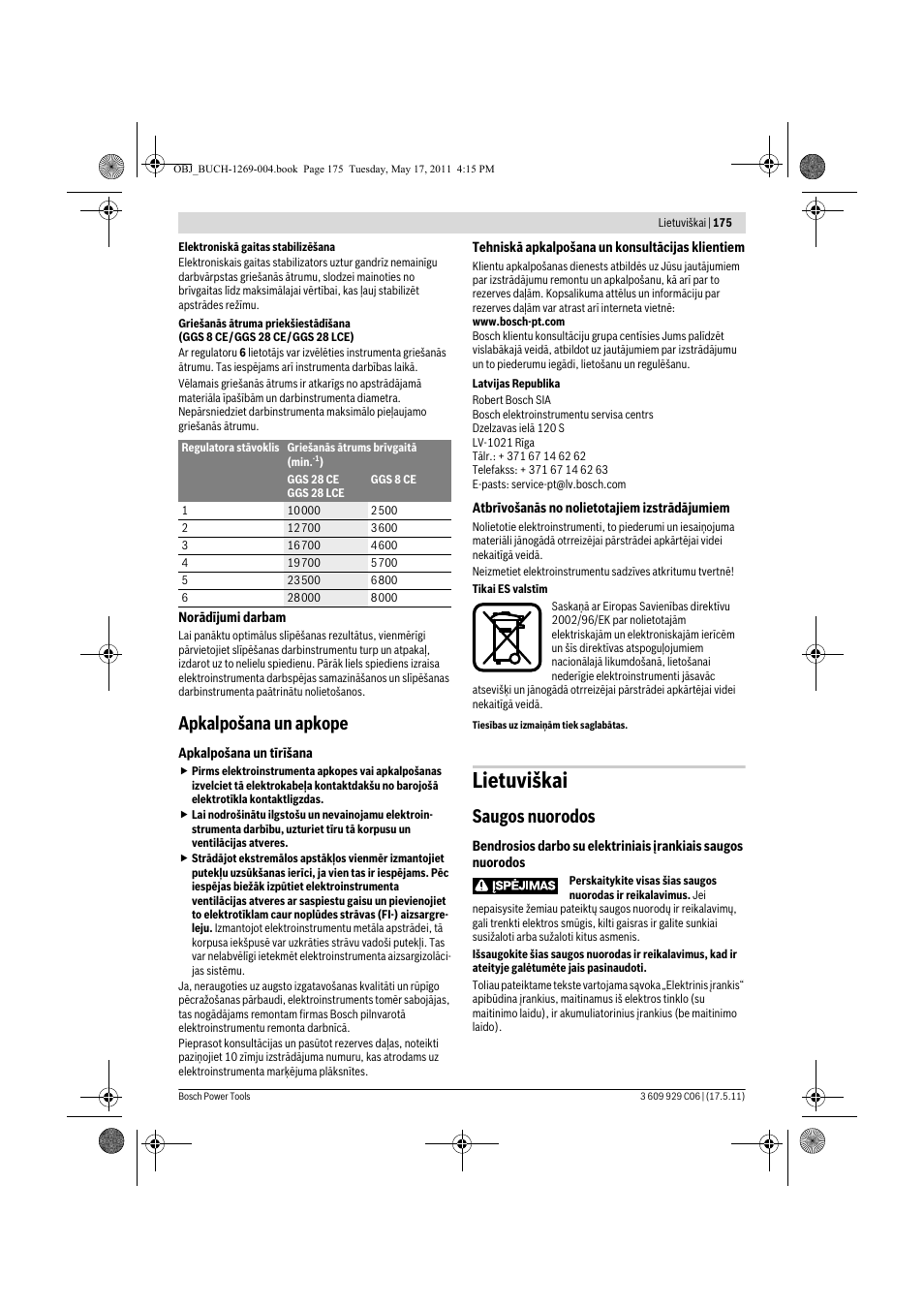 Lietuviškai, Apkalpošana un apkope, Saugos nuorodos | Bosch GGS 8 CE Professional User Manual | Page 175 / 196