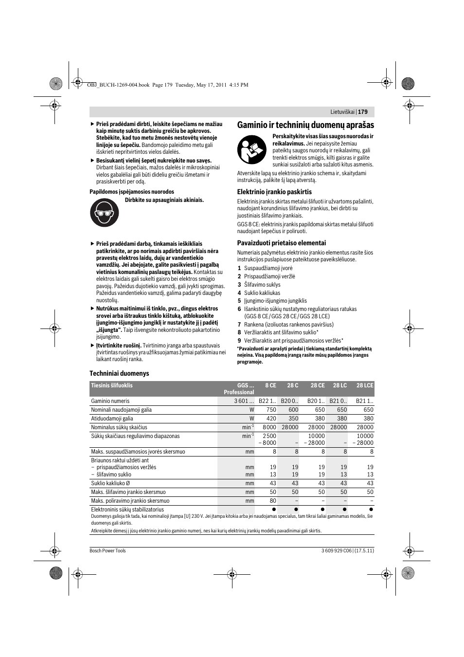 Gaminio ir techninių duomenų aprašas | Bosch GGS 8 CE Professional User Manual | Page 179 / 196