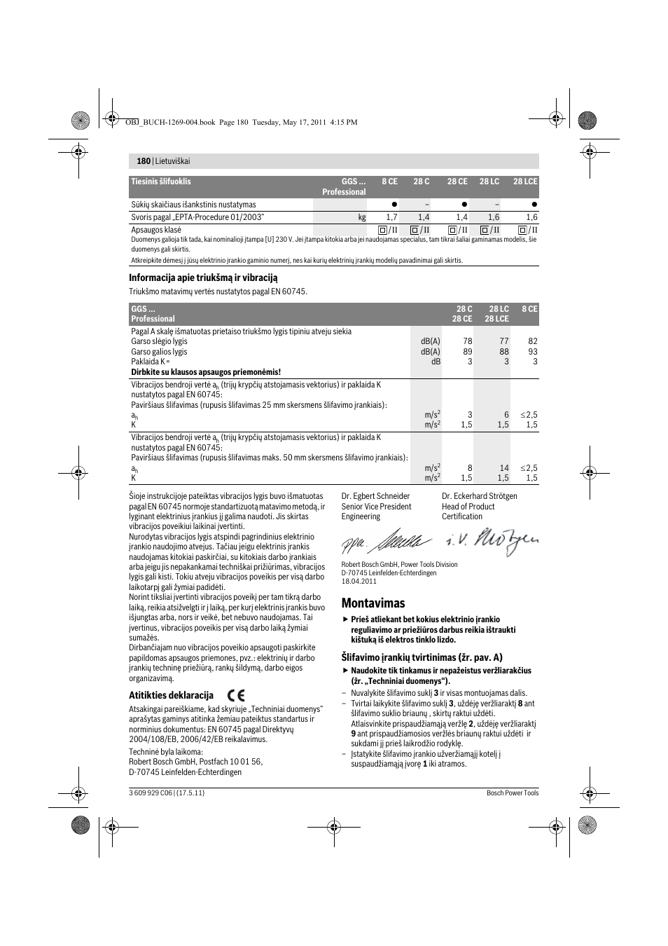 Montavimas | Bosch GGS 8 CE Professional User Manual | Page 180 / 196