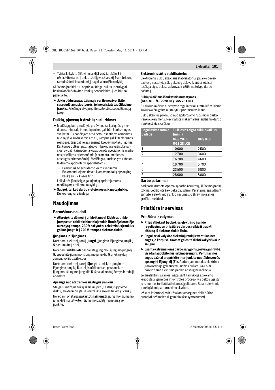 Naudojimas, Priežiūra ir servisas | Bosch GGS 8 CE Professional User Manual | Page 181 / 196