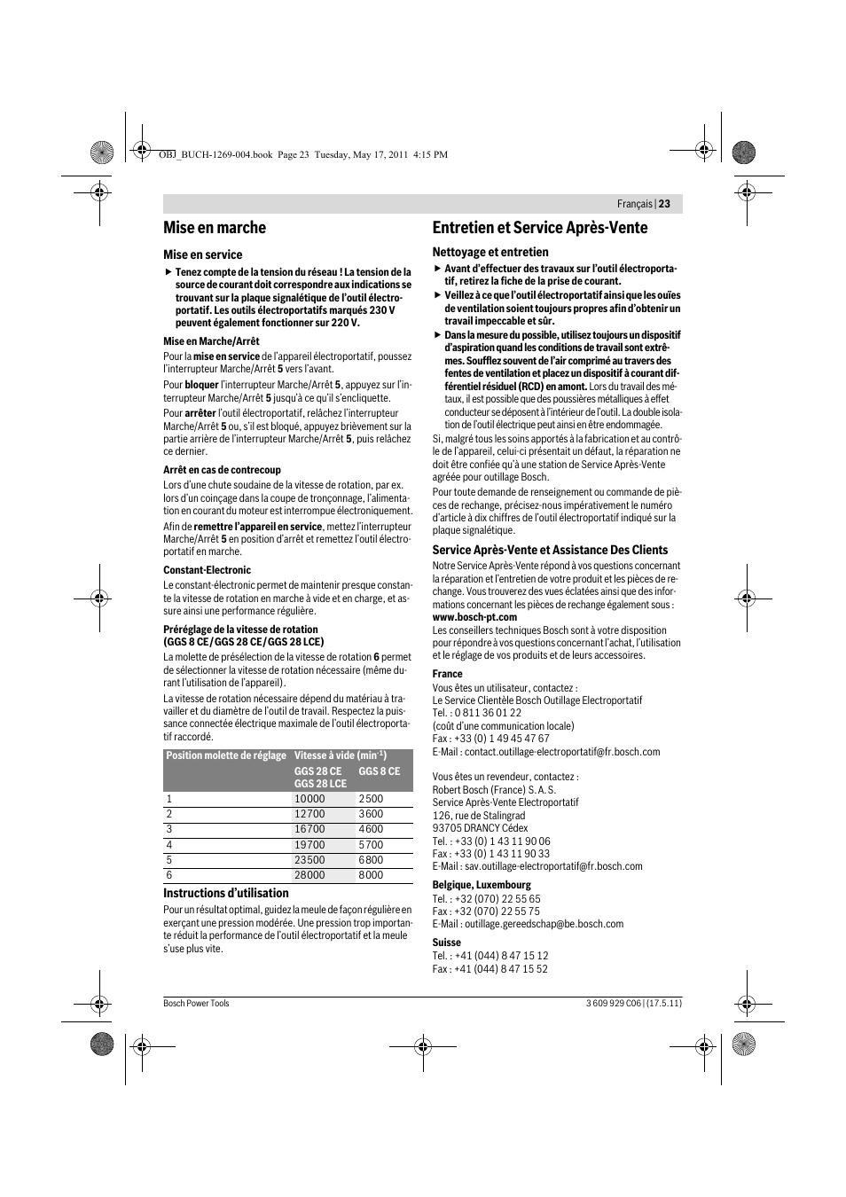 Mise en marche, Entretien et service après-vente | Bosch GGS 8 CE Professional User Manual | Page 23 / 196