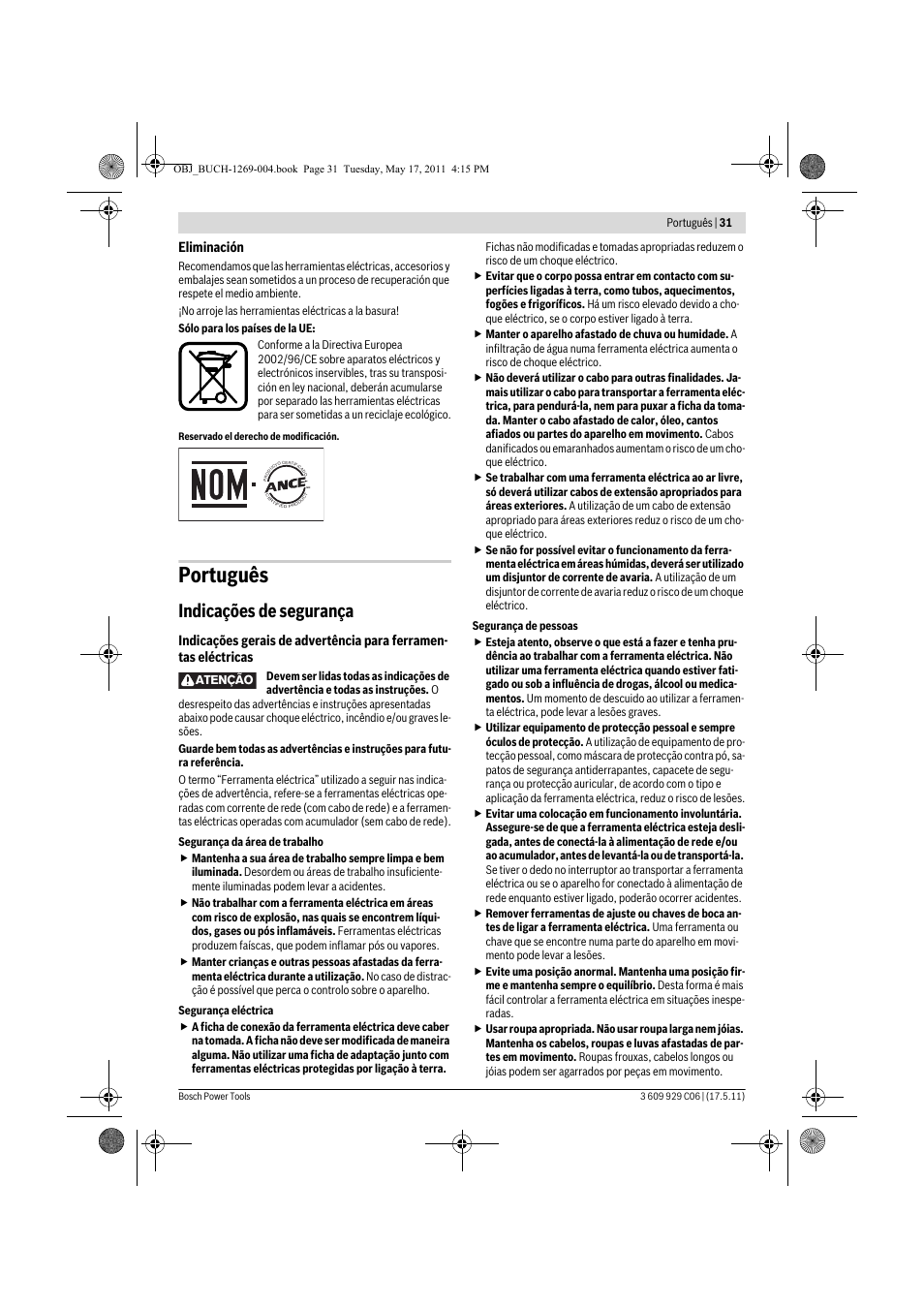 Português, Indicações de segurança | Bosch GGS 8 CE Professional User Manual | Page 31 / 196