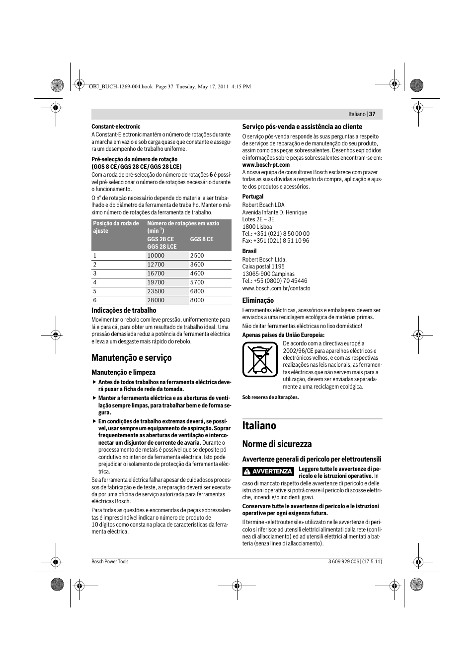 Italiano, Manutenção e serviço, Norme di sicurezza | Bosch GGS 8 CE Professional User Manual | Page 37 / 196