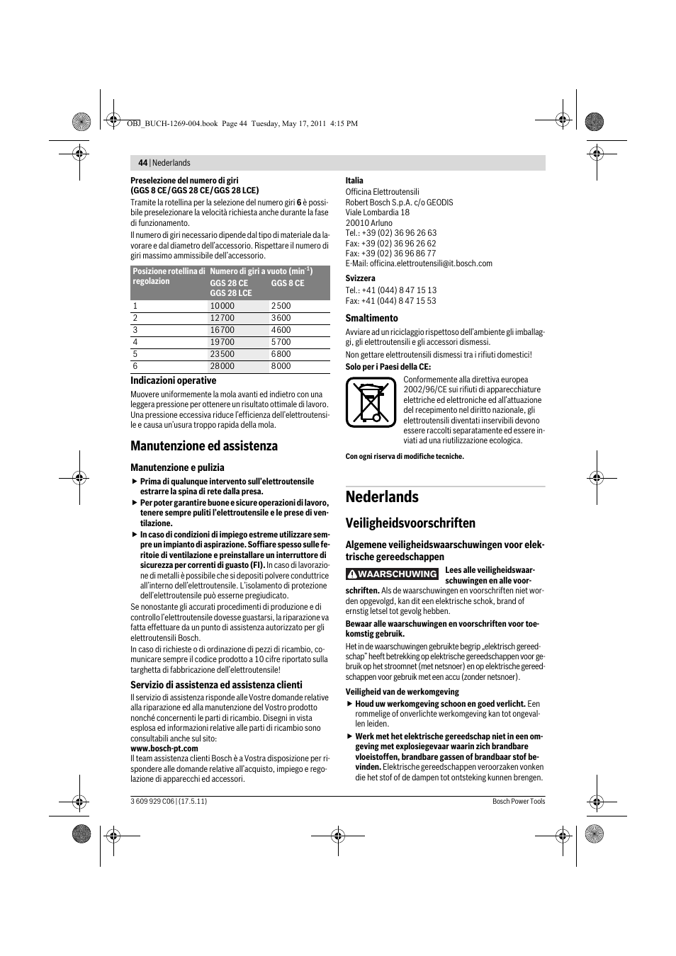 Nederlands, Manutenzione ed assistenza, Veiligheidsvoorschriften | Bosch GGS 8 CE Professional User Manual | Page 44 / 196