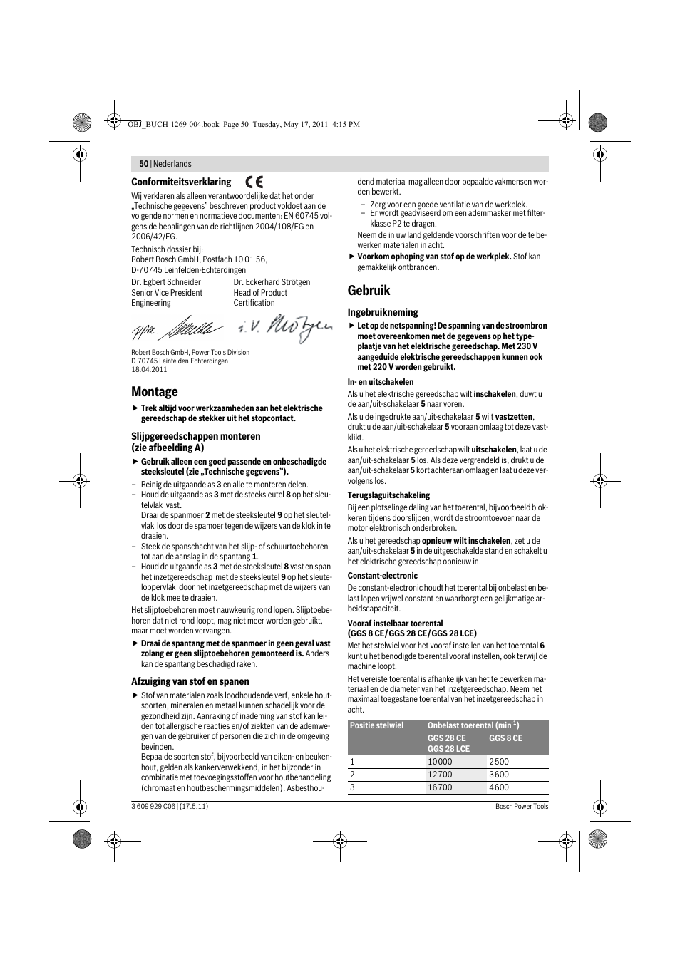 Montage, Gebruik | Bosch GGS 8 CE Professional User Manual | Page 50 / 196