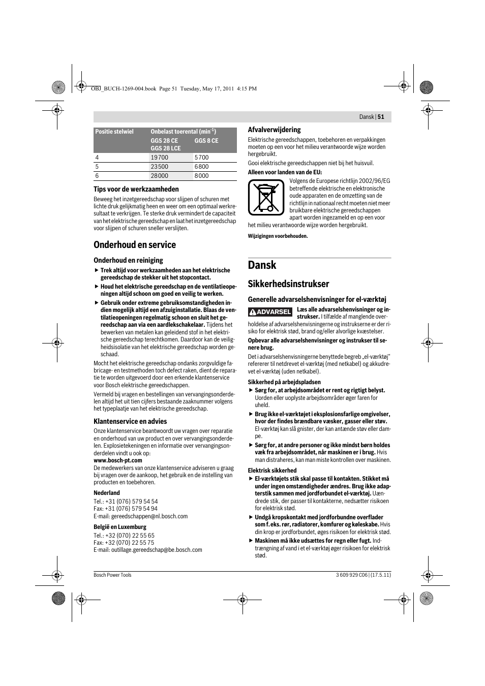 Dansk, Onderhoud en service, Sikkerhedsinstrukser | Bosch GGS 8 CE Professional User Manual | Page 51 / 196