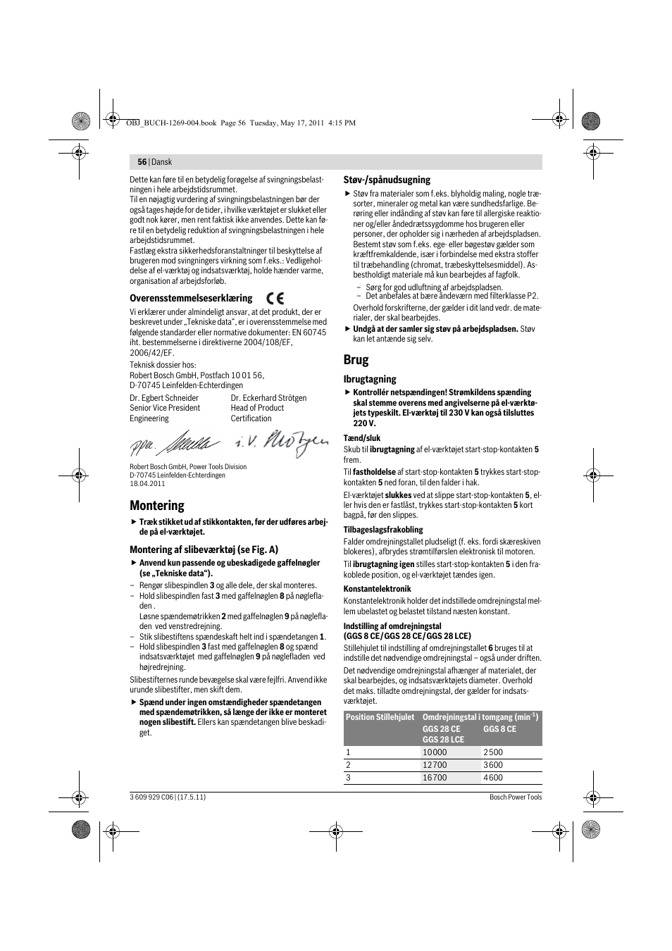 Montering, Brug | Bosch GGS 8 CE Professional User Manual | Page 56 / 196