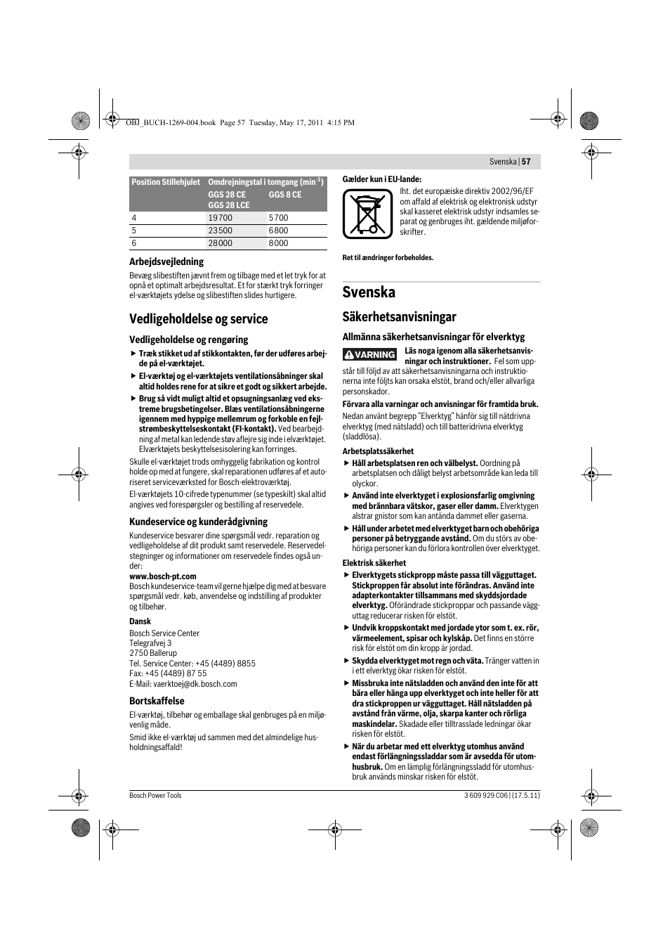 Svenska, Vedligeholdelse og service, Säkerhetsanvisningar | Bosch GGS 8 CE Professional User Manual | Page 57 / 196