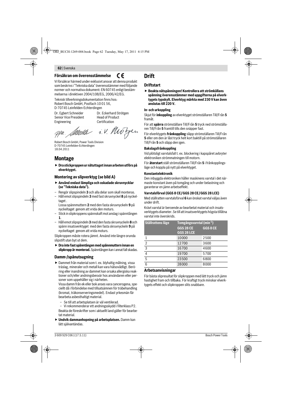 Montage, Drift | Bosch GGS 8 CE Professional User Manual | Page 62 / 196