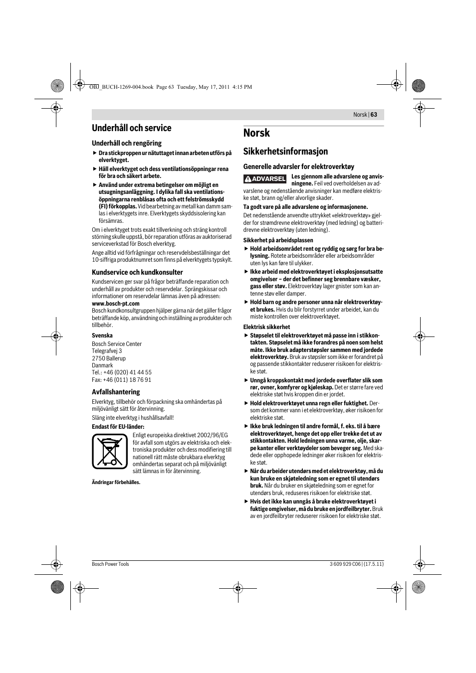 Norsk, Underhåll och service, Sikkerhetsinformasjon | Bosch GGS 8 CE Professional User Manual | Page 63 / 196