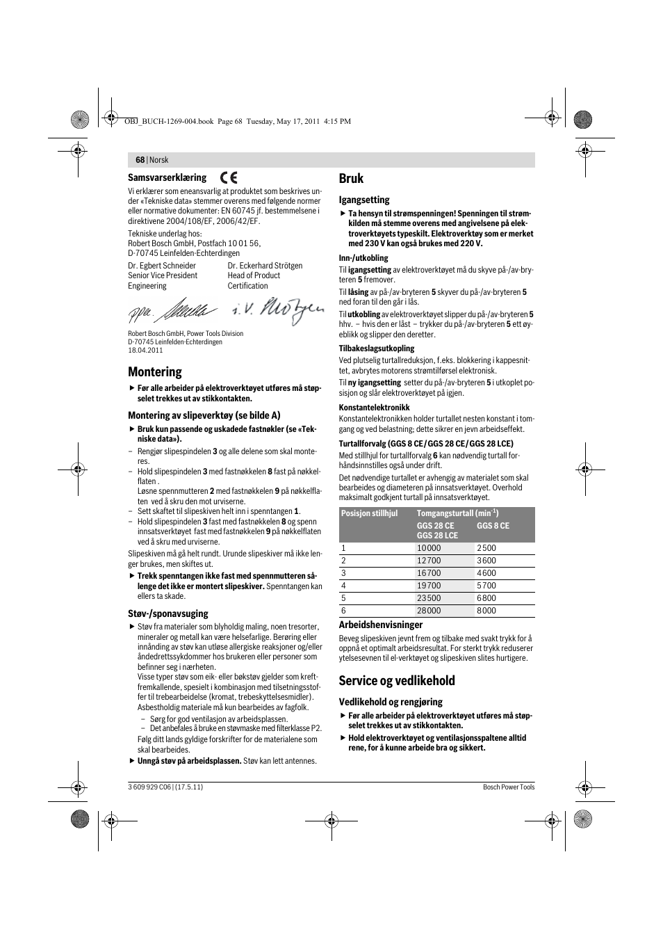 Montering, Bruk, Service og vedlikehold | Bosch GGS 8 CE Professional User Manual | Page 68 / 196