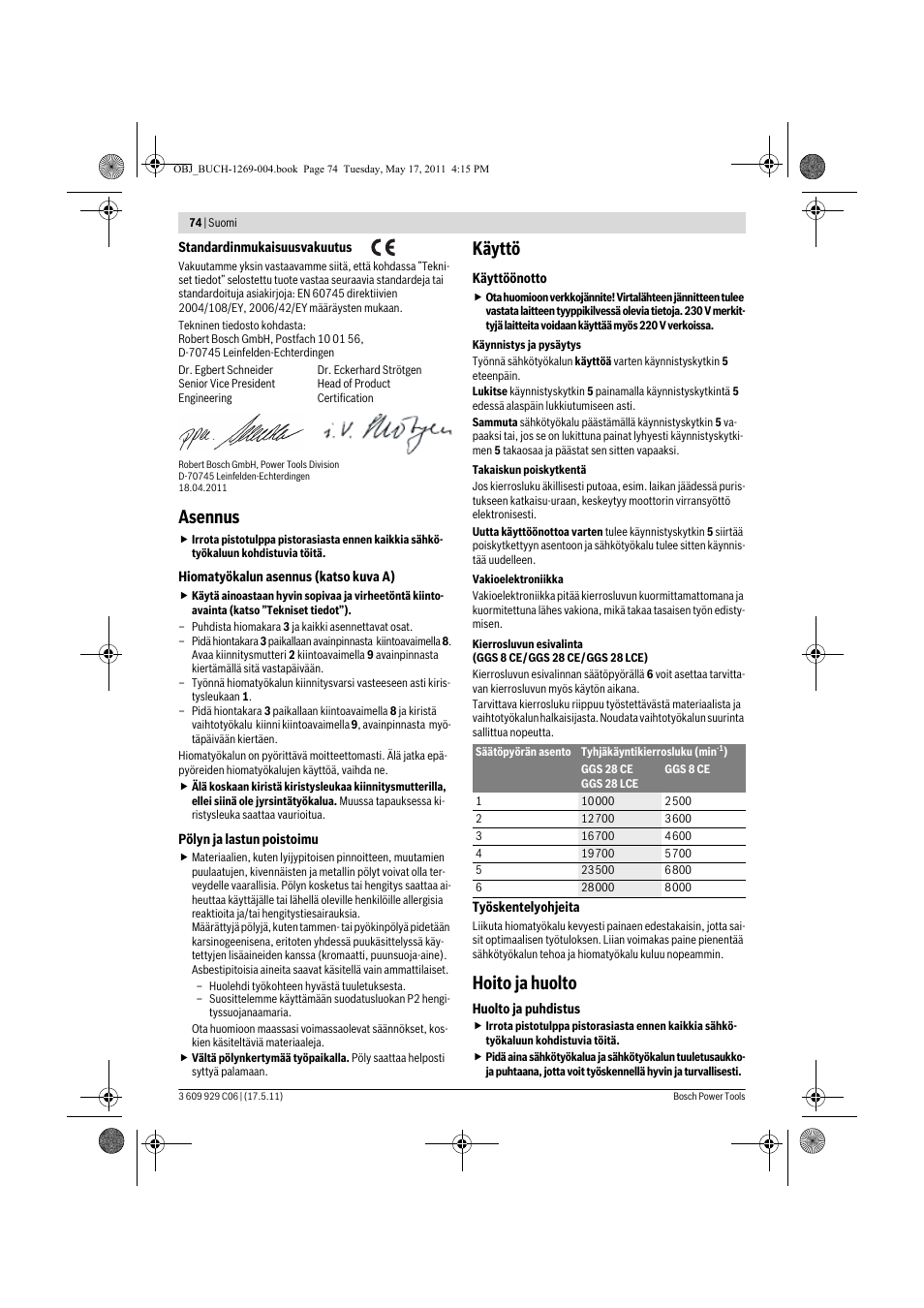 Asennus, Käyttö, Hoito ja huolto | Bosch GGS 8 CE Professional User Manual | Page 74 / 196