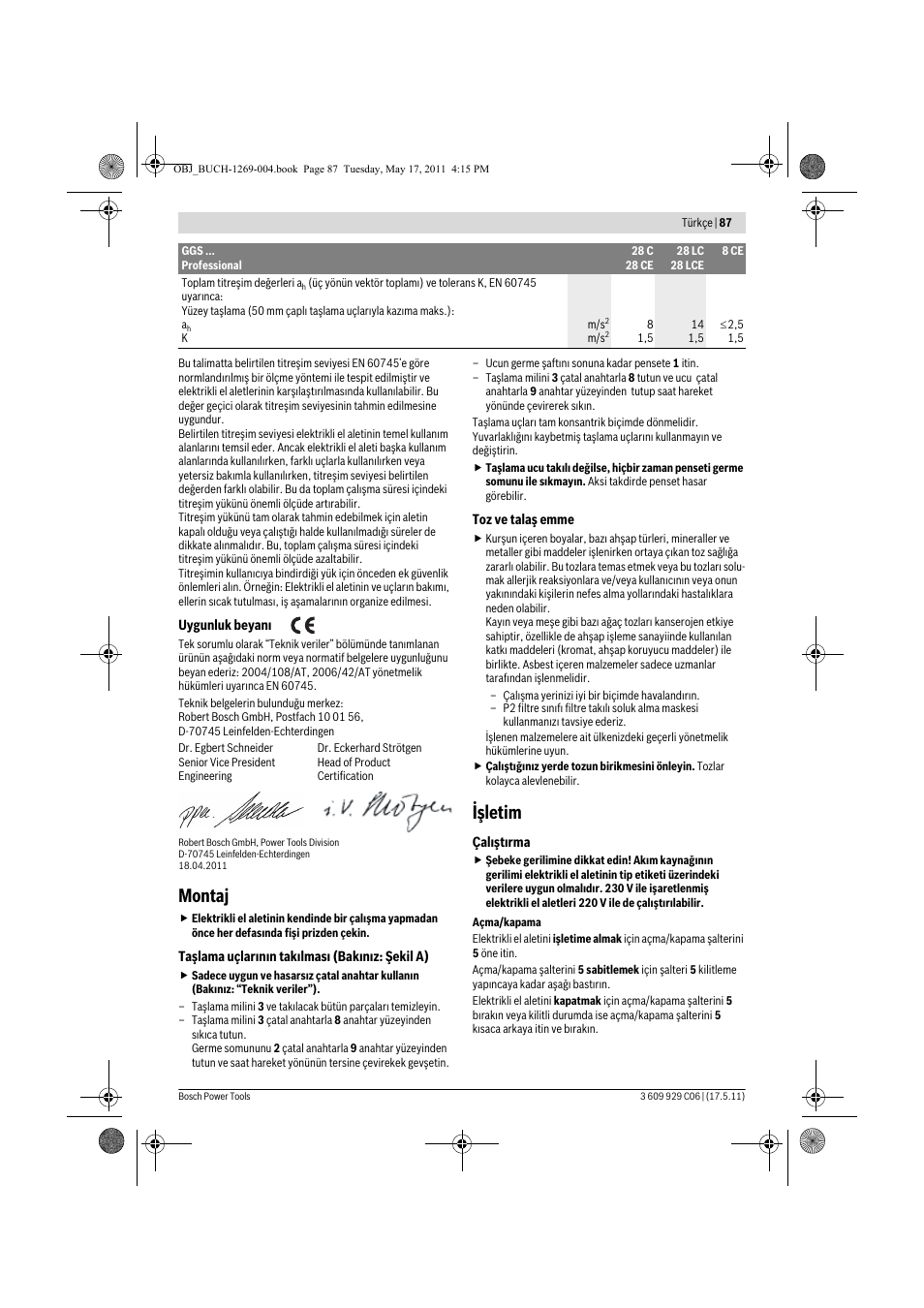 Montaj, Işletim | Bosch GGS 8 CE Professional User Manual | Page 87 / 196