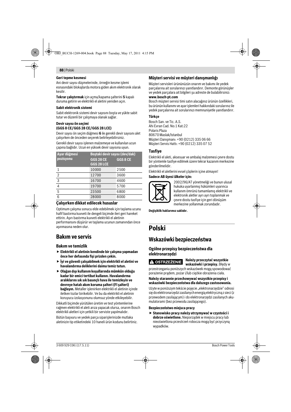 Polski, Bak m ve servis, Wskazówki bezpieczeństwa | Bosch GGS 8 CE Professional User Manual | Page 88 / 196