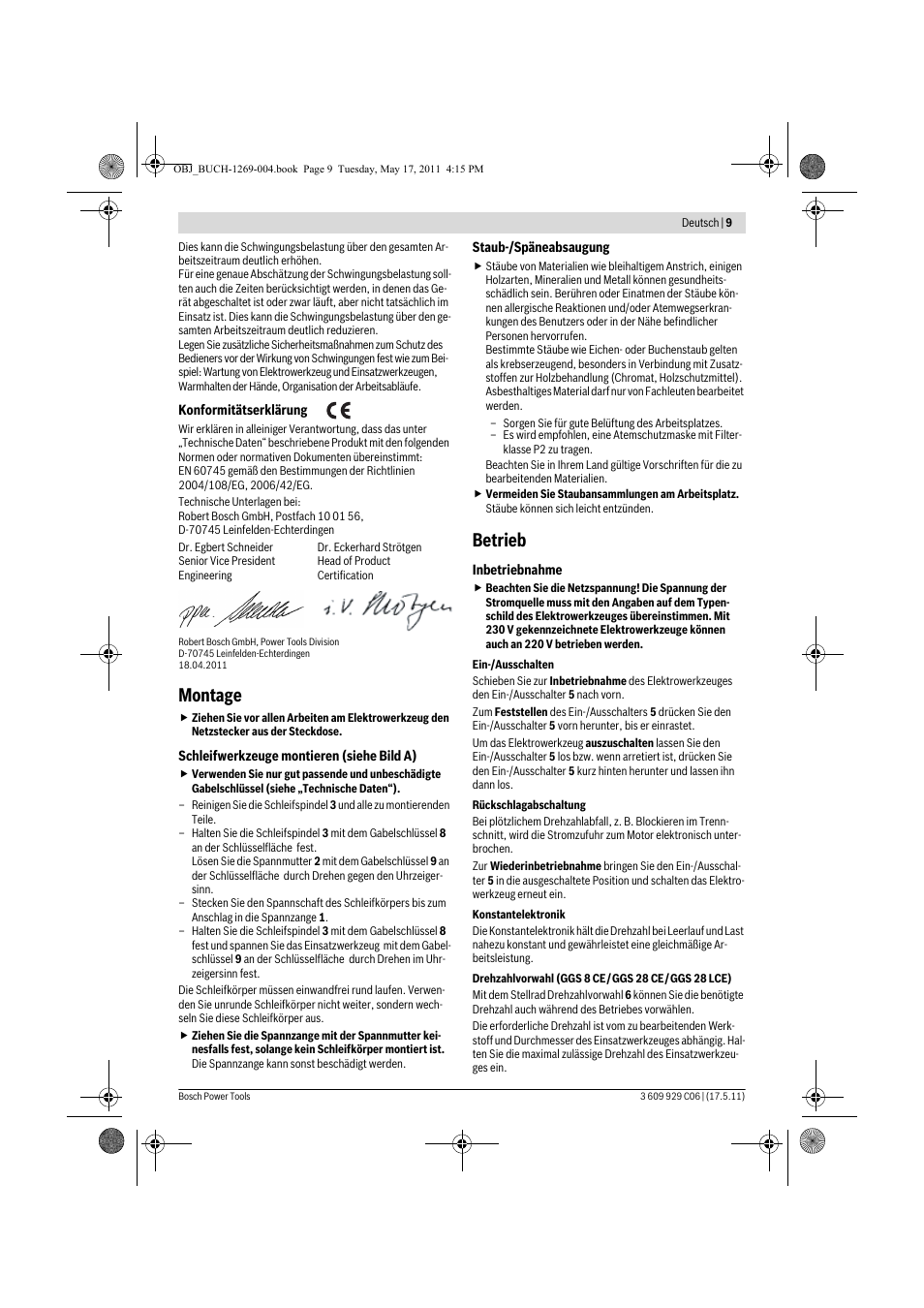 Montage, Betrieb | Bosch GGS 8 CE Professional User Manual | Page 9 / 196